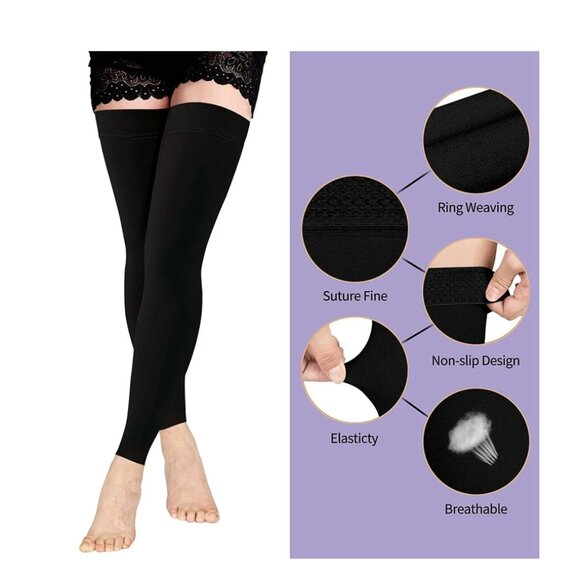 Black Thigh High Footless Compression Stockings 20-30mmHg - Picture 4 of 4